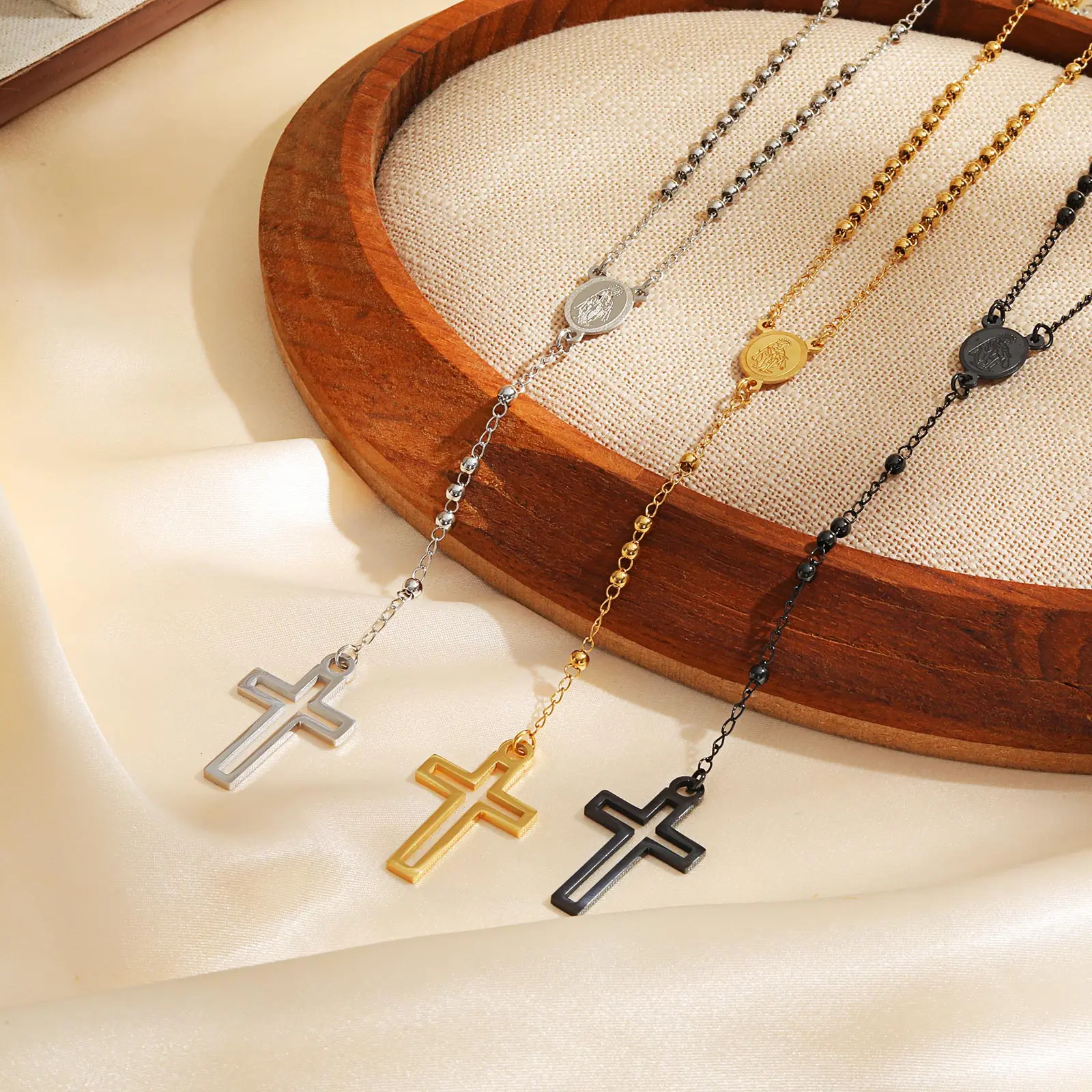 Women Cross Rosary Necklace, Maria with Cross Pendant, Black Gold Color Stainless Steel Christ Jesus Prayer Church Jewelry