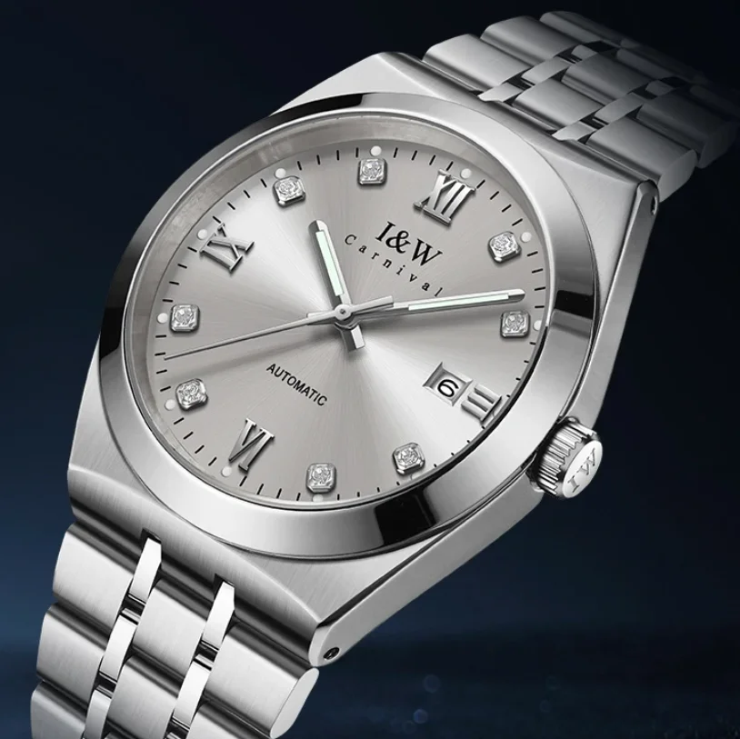 

Мужские автоматические часы I&W 42 мм, механические наручные часы, водонепроницаемость 50 м, светящиеся стрелки C3, сапфировое стекло