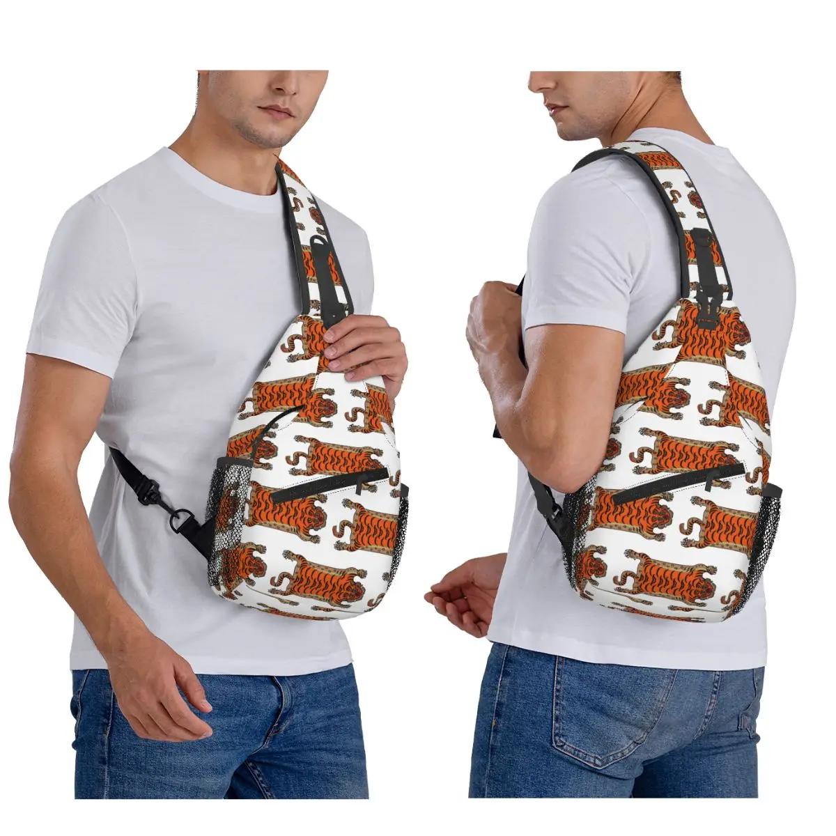 Tibetan Tiger Rug Chest Bag Men Sling Crossbody Backpack Chest Bag Traveling Hiking Daypack Shoulder Bag