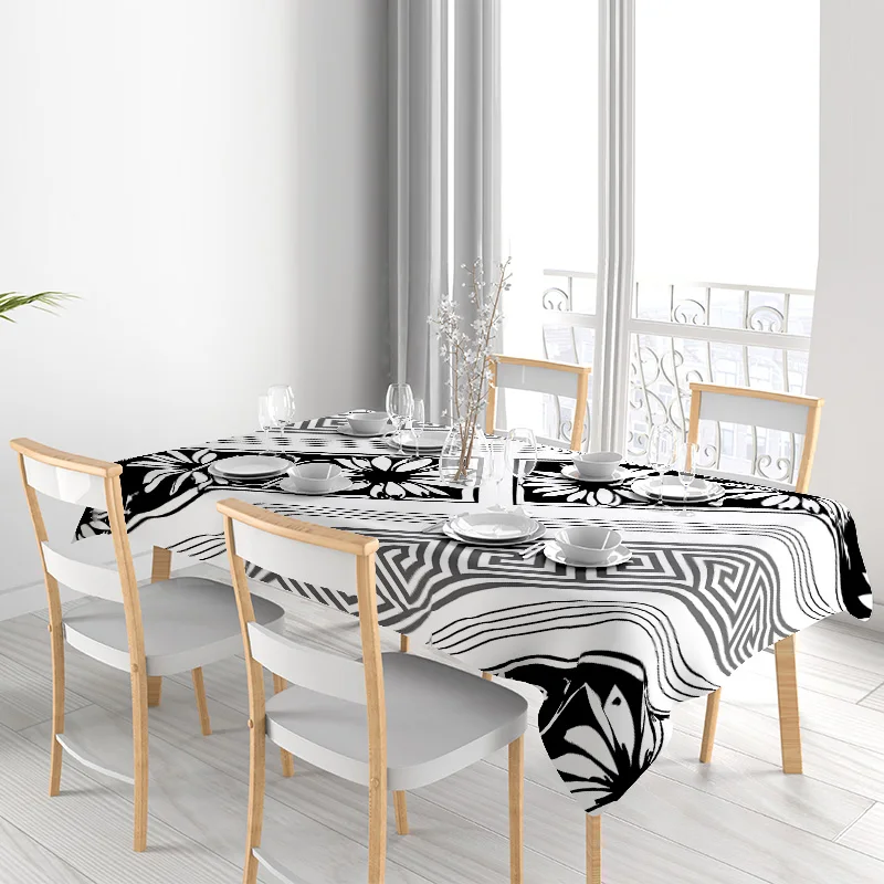 الحديثة الشمال طاولة طعام القماش أسود أبيض الأزهار تصميم هندسي ثلاثية الأبعاد مطبوعة مستطيلة البوليستر المطبخ ديكور Tablecl #3