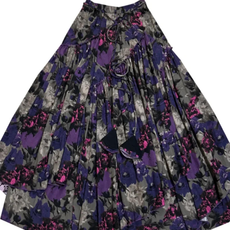 TIYIHAILEY Flower Print Skirts Long Maxi A-line Elastic Waist Women Summer Cotton S-2XL 2025 New Purple Big Hem Ladies Clothing