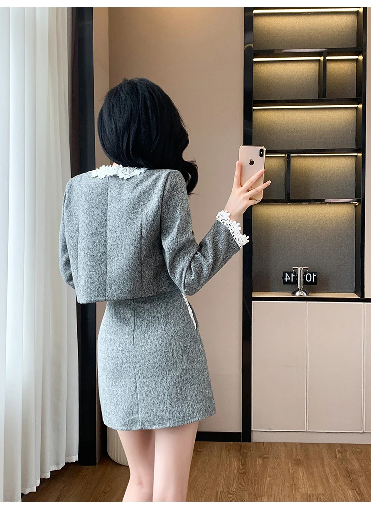 Autumn Winter Fashion Tweed Two Piece Set New Women Sweet Lace O-Neck Single Breasted Short Coat+Mini A Line Skirt Elegant Suits