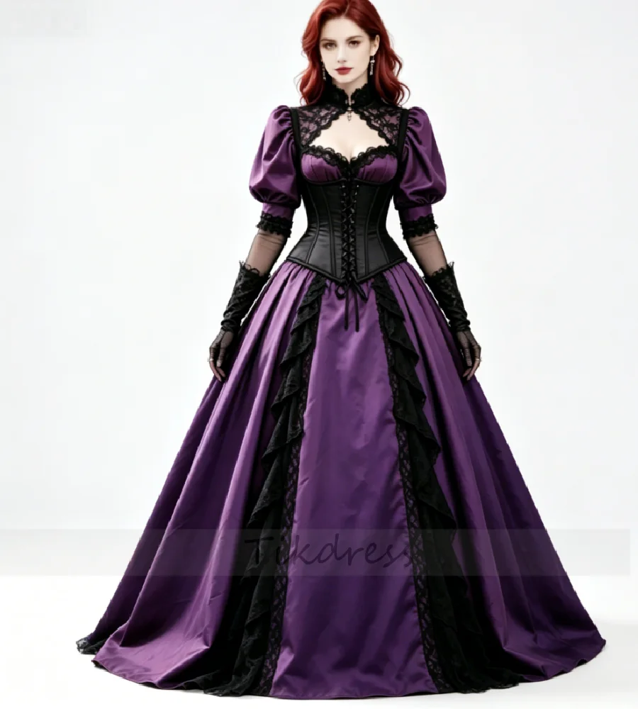 Victorian Gothic Burgundy Vampire Wedding Dresses 2026 Vintage Corset Medieval Puff Sleeve Halloween Bridal Gowns Ruffles Lace