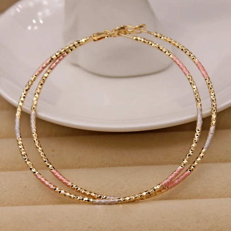 Gold Color - Dia. 2.7\'\' Huge Circle 3-Color Plated Swirl Hoop Earrings