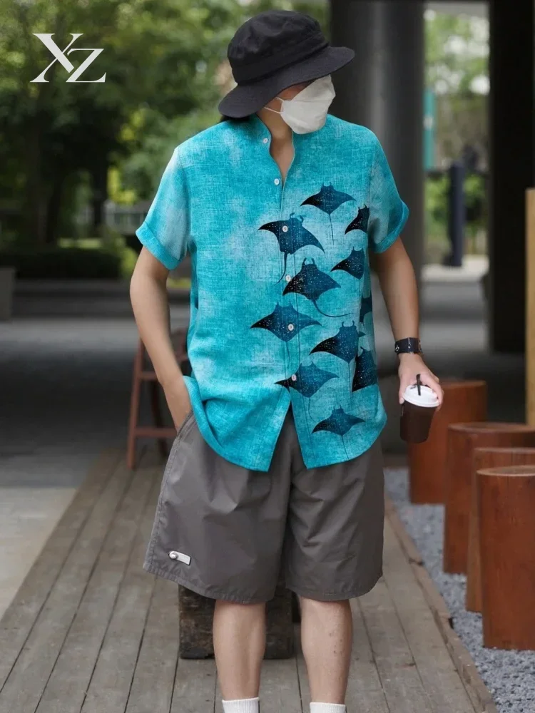 Men's Bohemian Manta Rays Art Print Casual Shirt, Japanese Style Single-Breast Short-Sleeve Blouse for Spring Summer 2026
