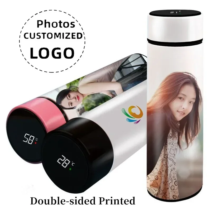 Personalized Photo Tumbler Mugs, Smart Thermos Cups Customized Water Bottle Temperature LED Display Vacuum Flask Stainless Steel