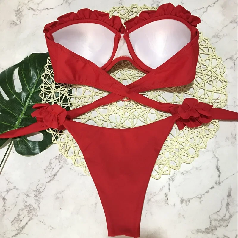 Solid Color Lace-up Bikini Set 2025 New Women 2-piece Bow Swimsuit with A Stays Sexy V-neck Suspender Backless Bathing Suit