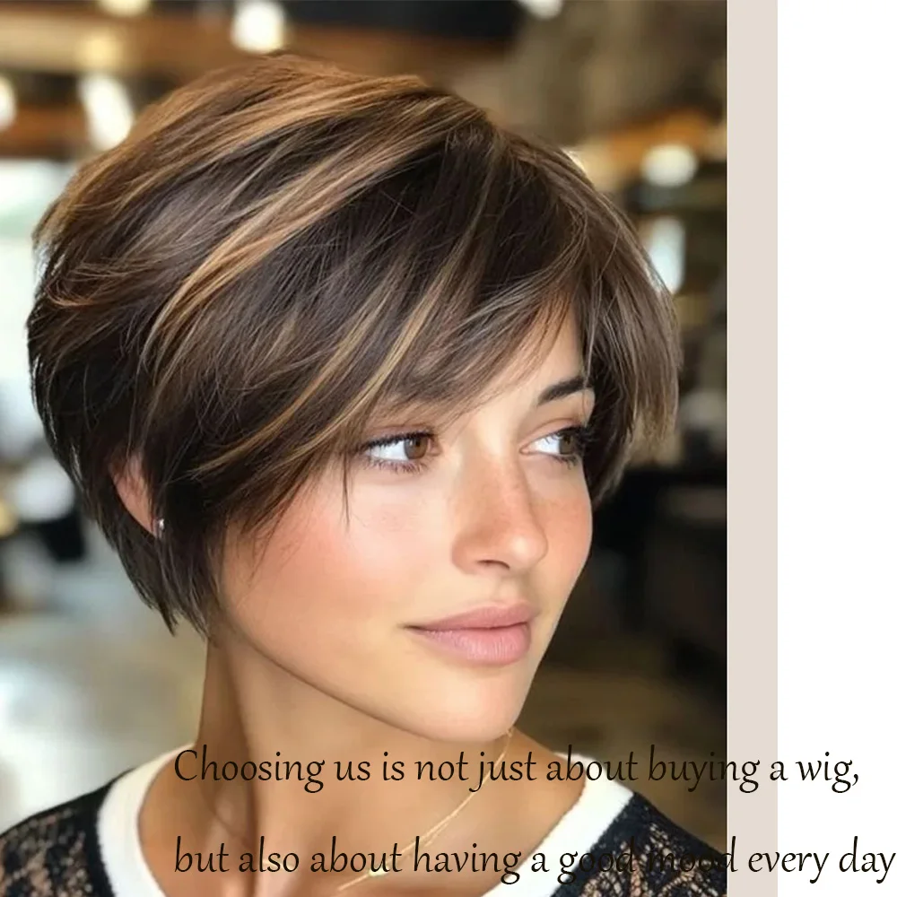 

Blonde Highlights Pixie Wig for Black Women Short Straight Remy Human Hair Wig with Bangs Machine Made Comfortable Fit