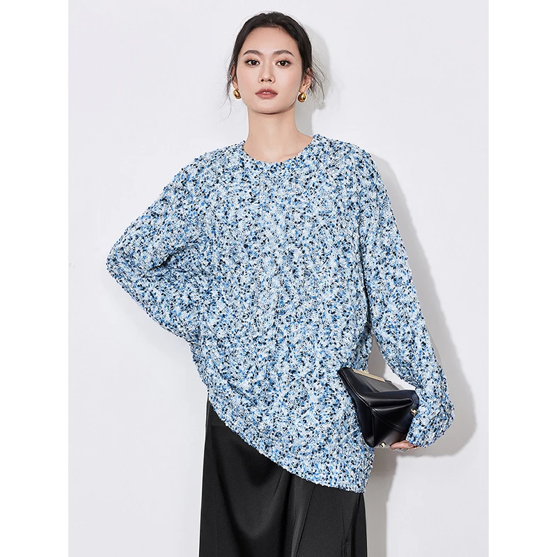 TOYOUTH Women Knitted Sweater 2025 Spring New Blue Dot Decor Round Neck Long Sleeve Romantic Pullover Knitted Sweater