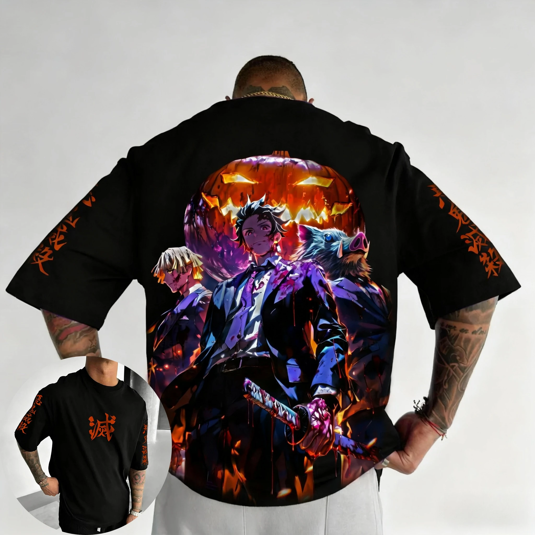 Demon Slayer Halloween Collaboration T-shirt Men's Autumn and Winter New Anime Printed Harajuku Casual Loose Short Sleeved Top