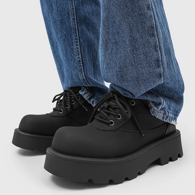 Black BigToeThick Soled Casual Men Shoes Retro Lace Up Gear Sole with Increased Height Exquisite Anti Slip Trendy Versatile Shoe