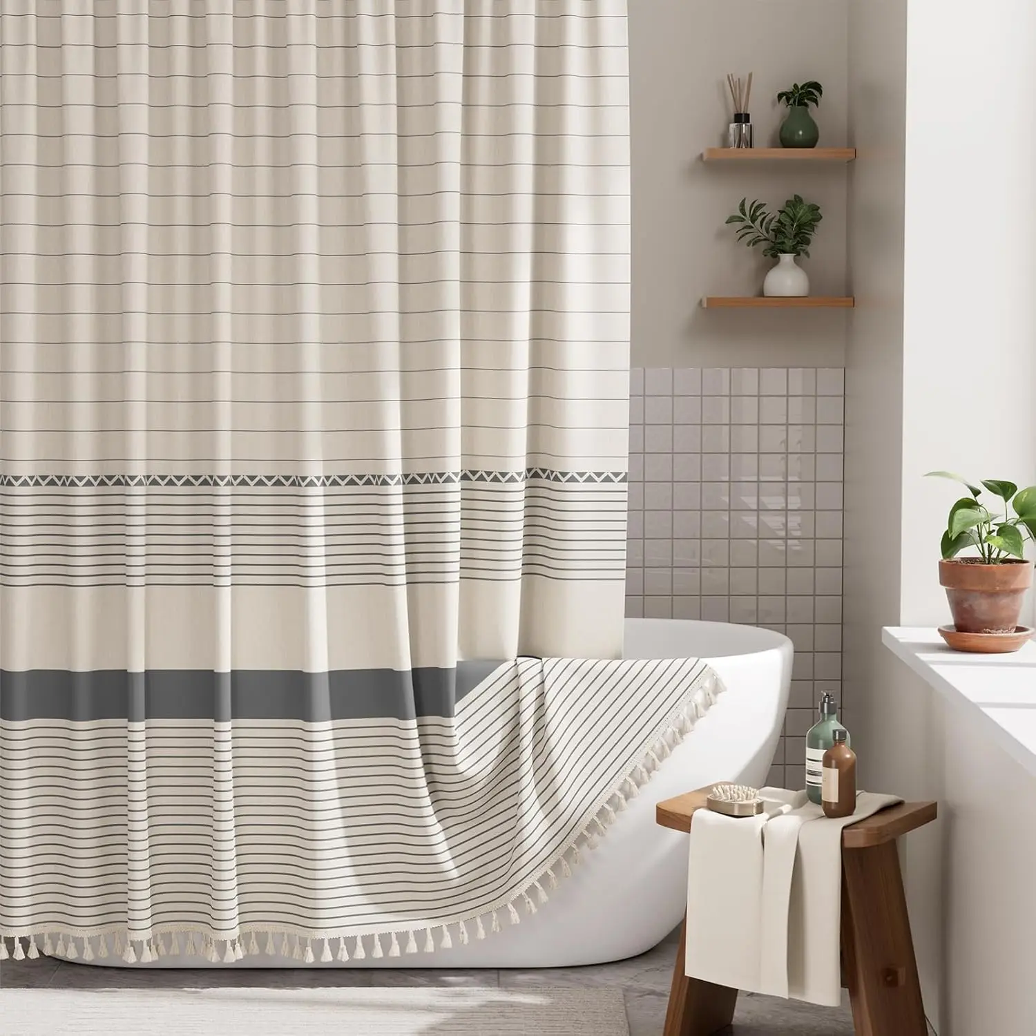 

Набор шторок для душа в стиле бохо, серые полосатые шторки из искусственного льна с кисточками, светло-бежевый оттенок, 72x72 дюйма