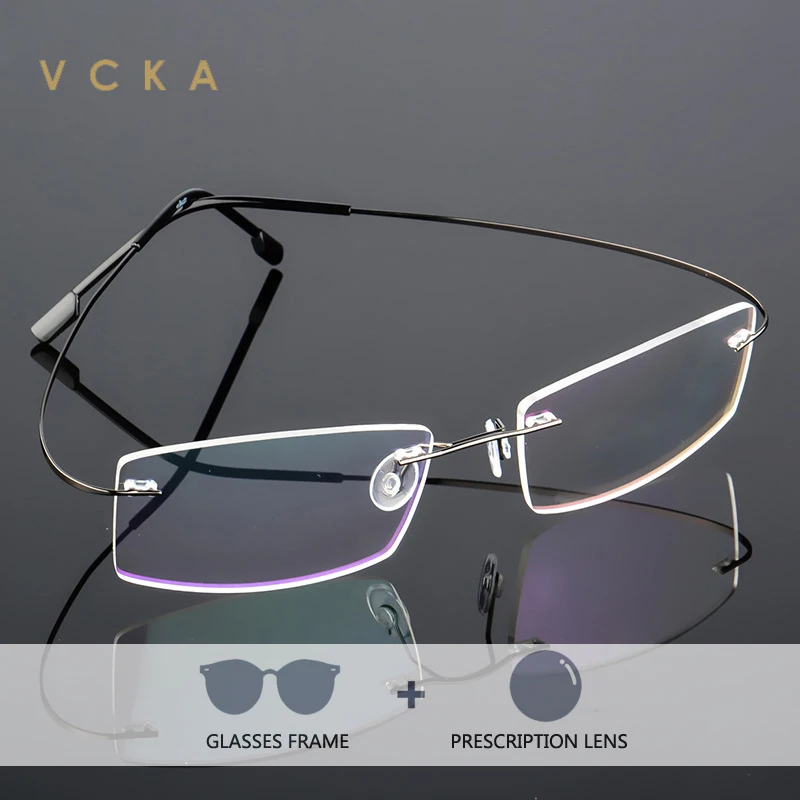 vcka-スクエア男性ビジネス近視遠視メガネフレームレス超弾性抗ブルーフォトクロミック処方光学眼鏡
