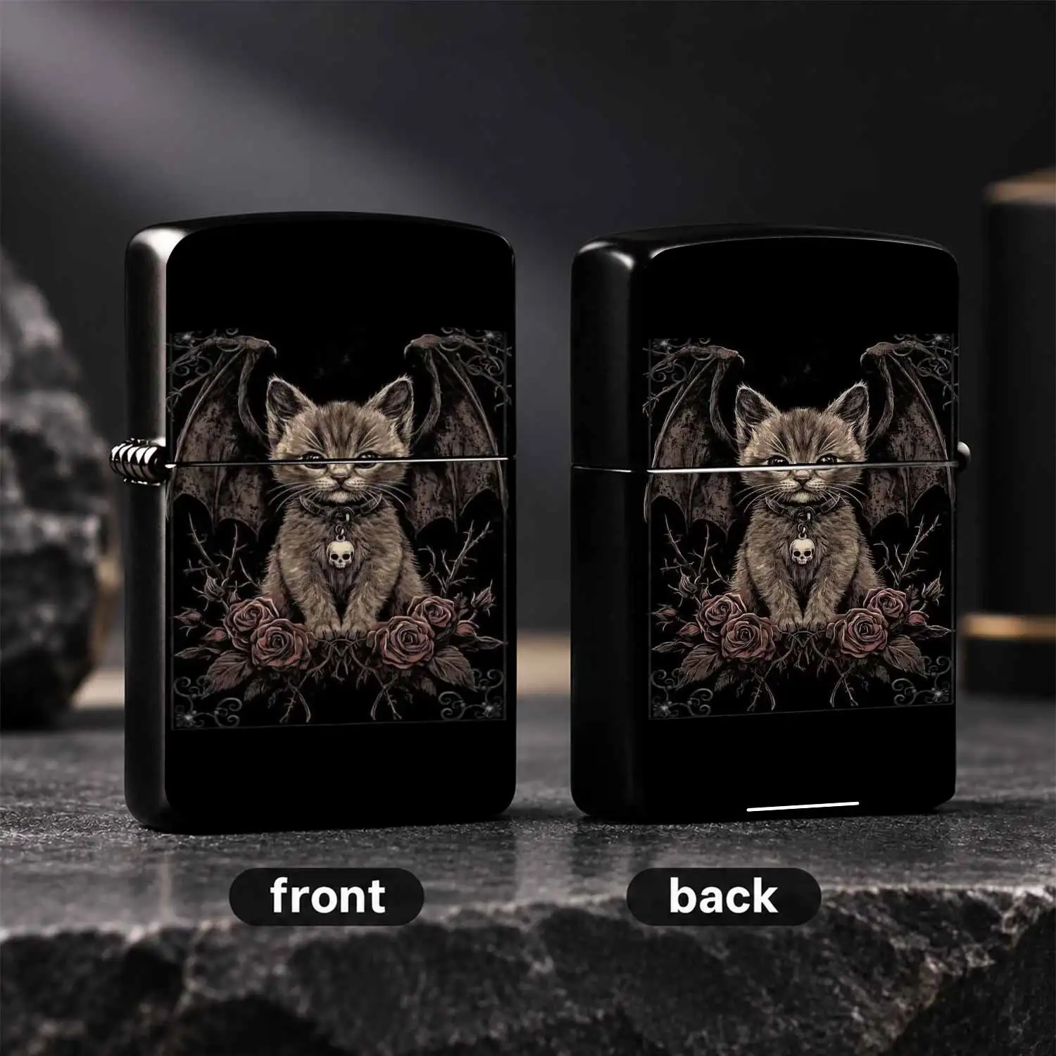 Gothic Dark Style Kitten With Bat Wings Lighter, Vintage Dark Rose Skull Pendant Aesthetic Portable Stylish Accessory, Ideal For Daily Use, Gifting, Collection, Unique Trendy High-End Exquisite Practical Present For Any Occasion A Humorous