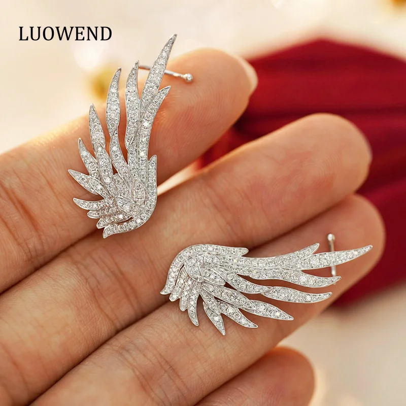 LUOWEND 18K White Gold Earrings Elegant Angel Wings Design 0.94carat Real Natural Diamond Stud Earrings for Women Party Jewelry