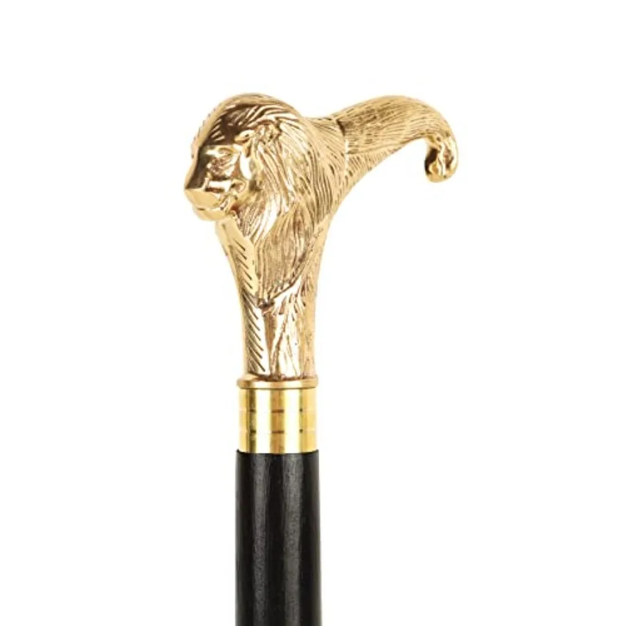 عصا مشي خشبية سوداء بمقبض أسد من النحاس مصنوعة يدويًا مثالية للاستخدام الداخلي والخارجي بتصميم أنيق مع ثلاثة أضعاف