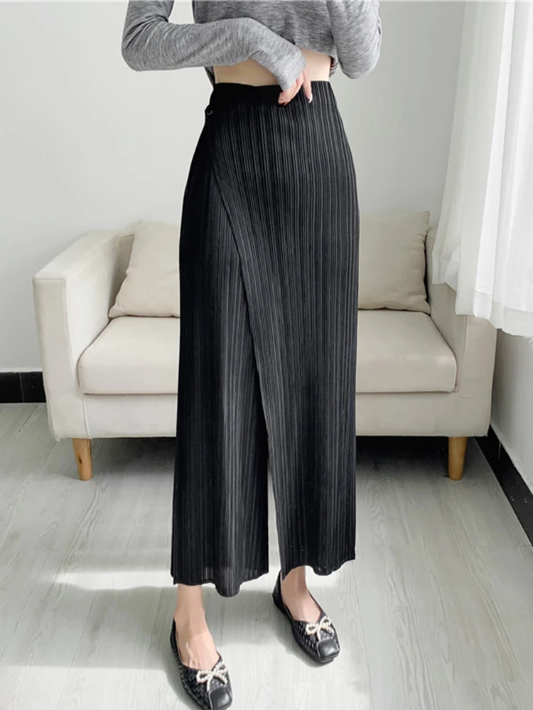 

ALSEY Miyake Pleated Slim Ankle-length Pants 2023 Summer High Waist Plus size Drape Wide Leg Loose Straight Female Trsouser