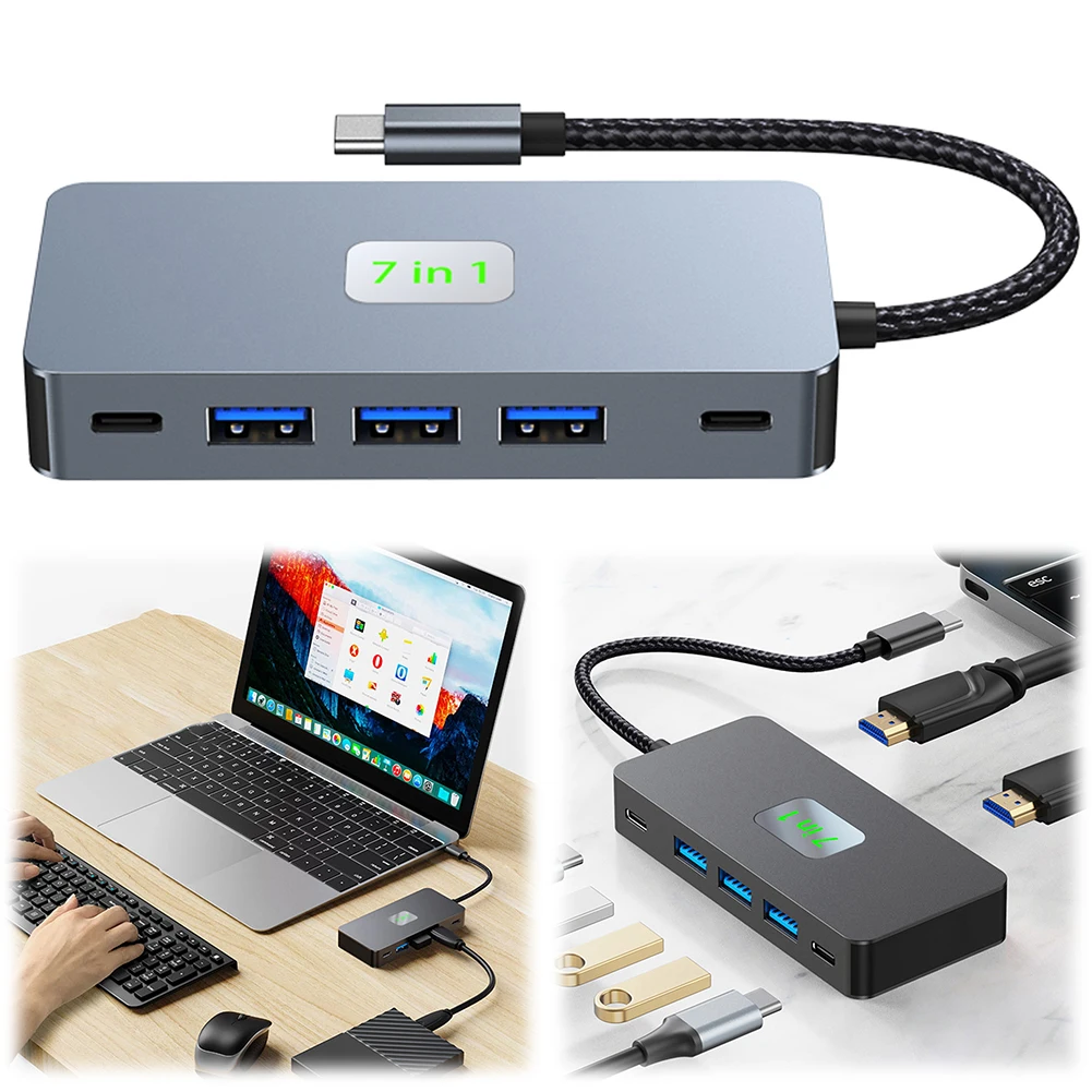 7 in 1 Dual HDMI-Compatible 4K Docking Station with 2 4K HDMI-Compatible Ports USB-C Hub USB C Dock for MacBook Pro XPS and More