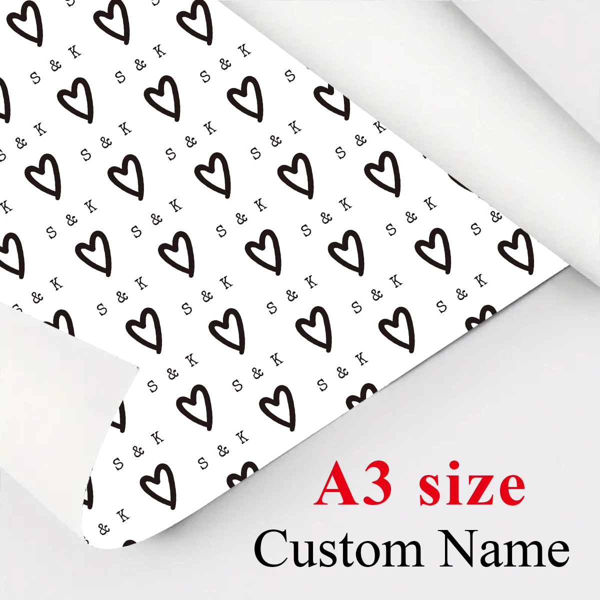 3 Stück individuelles personalisiertes Namenspapier mit schwarzem Herz, zum Verpacken von Geschenken, DIY-Bastelarbeiten, Partydekoration, Geburtstag, Hochzeit, Valentinstag