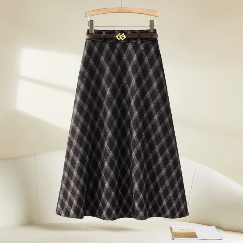 Шерстяная клетчатая юбка-миди для женщин, утягивающая меладно-коричневая винтажная клетчатая юбка средней длины, юбка трапециевидной формы
