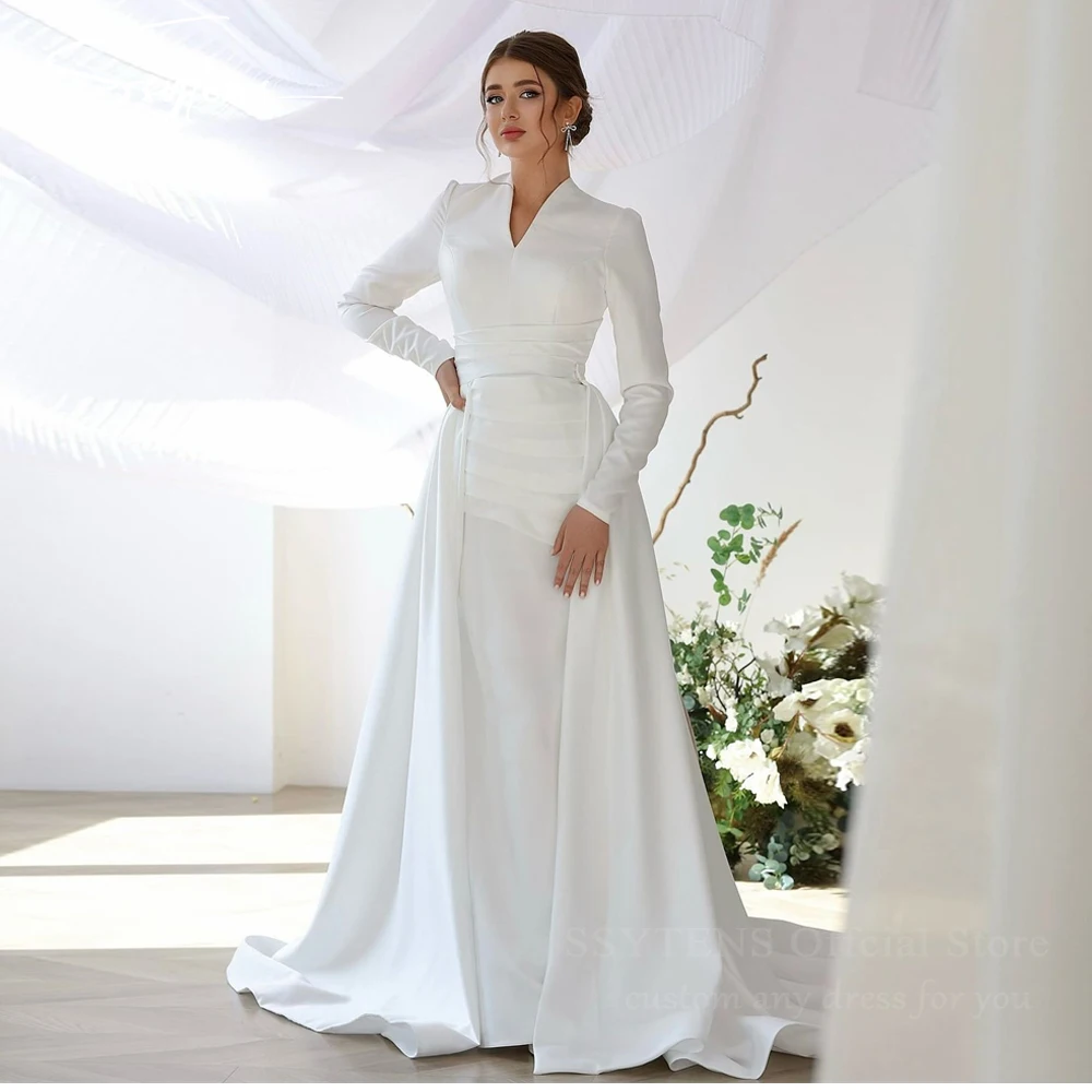 Ssytens muçulmano vestido de noite manga longa chão vestido de noiva trem destacável personalizado árabe saudita casamento baile de formatura