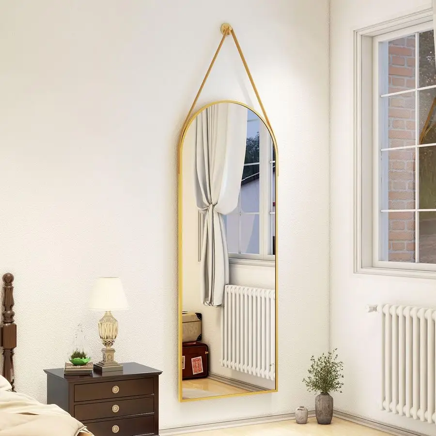 

Full Length Mirror, Modern Arched Door Mirror Full Length with Hanging Leather Cord, Wall Mounted Decor with Hanging Leather St
