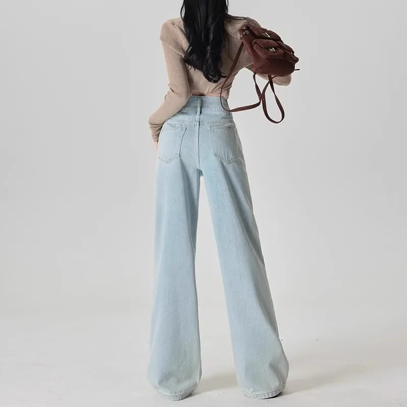 ربيع 2025 جديد المرأة عالية الخصر واسعة الساق الجينز التخسيس إخفاء الطابق طول السراويل القطن تمتد سراويل جينز
