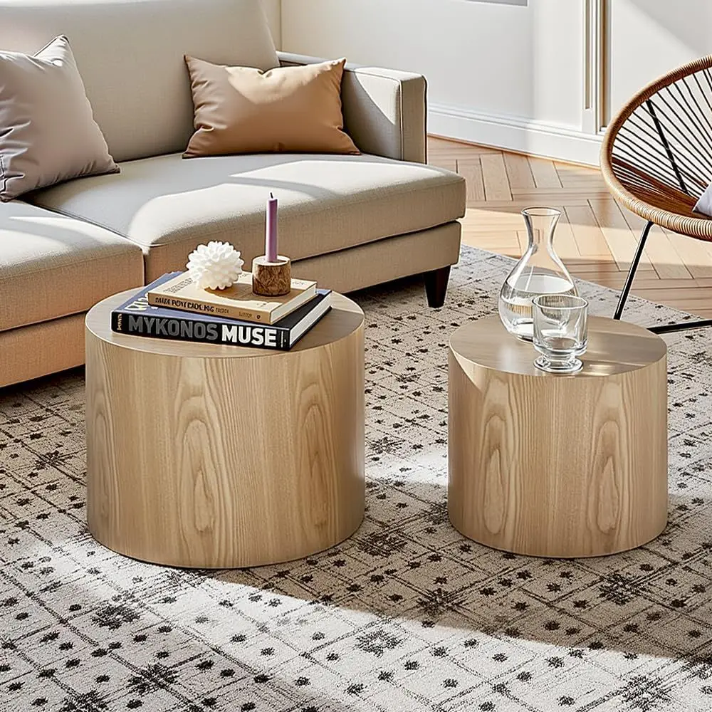 

Nesting Coffee Table Set of 2, Modern Round Coffee Table with Non-Slip Feet, Oak Wooden Circle Accent Tables for Small Spaces Living Room Bedroom Balcony Office Drum Side Table