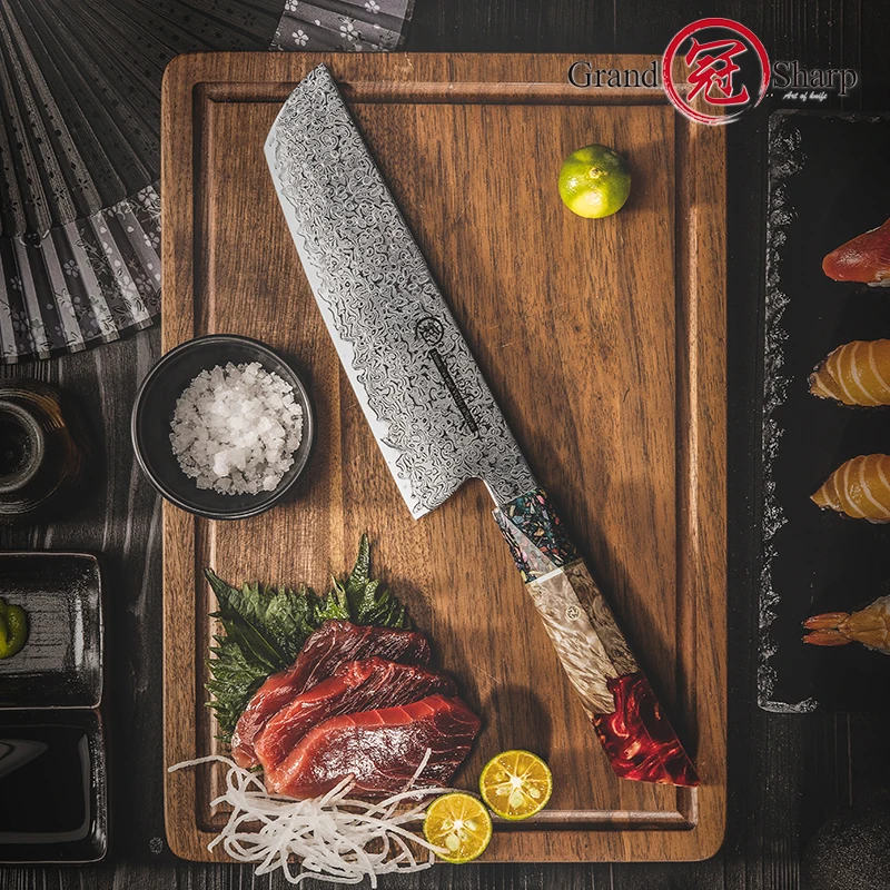 Grandsharp 8 Inch Damascus Kitchen Cleaver Knife AUS-10 Japanese Nakiri Knife Meat Slicer Fish Vegetables Chopper Cooking Tools