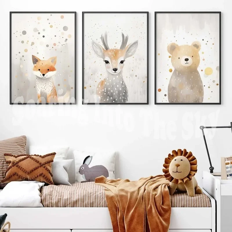 3pcs Gender Neutral Woodland Animal Posters Baby Room Wall Art Forest Animals Decorative Painting