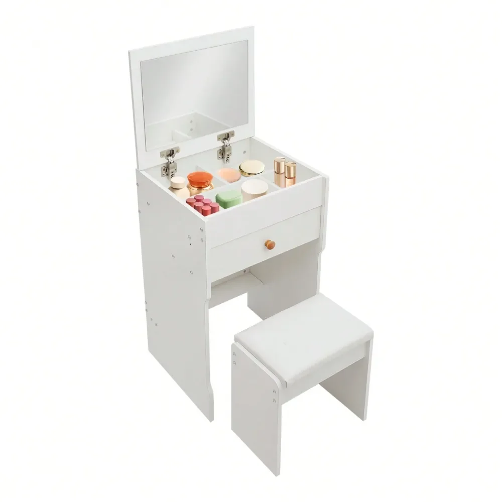 

Компактный туалетный столик 2-в-1 с откидной крышкой, зеркалом и выдвижным ящиком, с отсеками для хранения и мягкими подушечками для рук