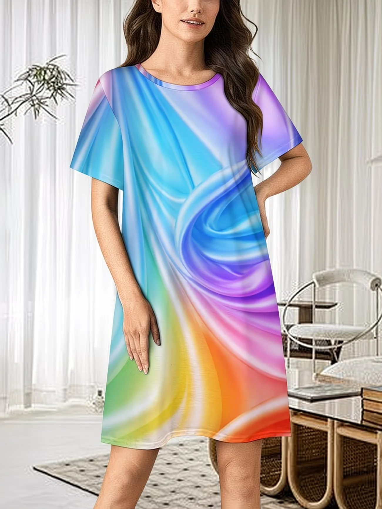 Summer women's dress Elegant Colorful Rainbow Pattern short sleeve O-Neck Loose Casual Mini dress