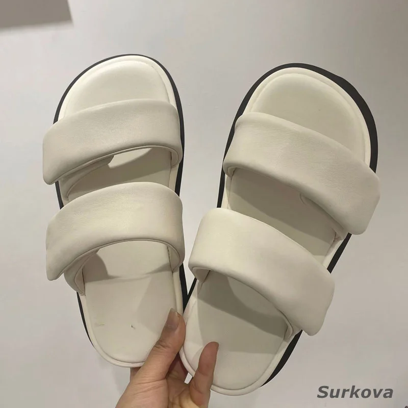 2023Summer New Round Toe Sandals Small Sheepskin Casual Slippers Hook Slip-On Leather Thick Sole Open Toe Sandals Women's Flats