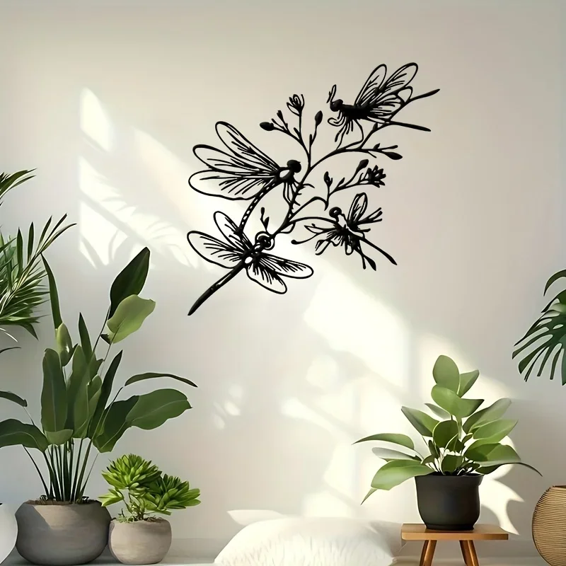 【2D Flat】Three Dragonflies Plant Branch Metal Wall Art – Nature Line Design for Living Room, Patio, Garden & Sunroom
