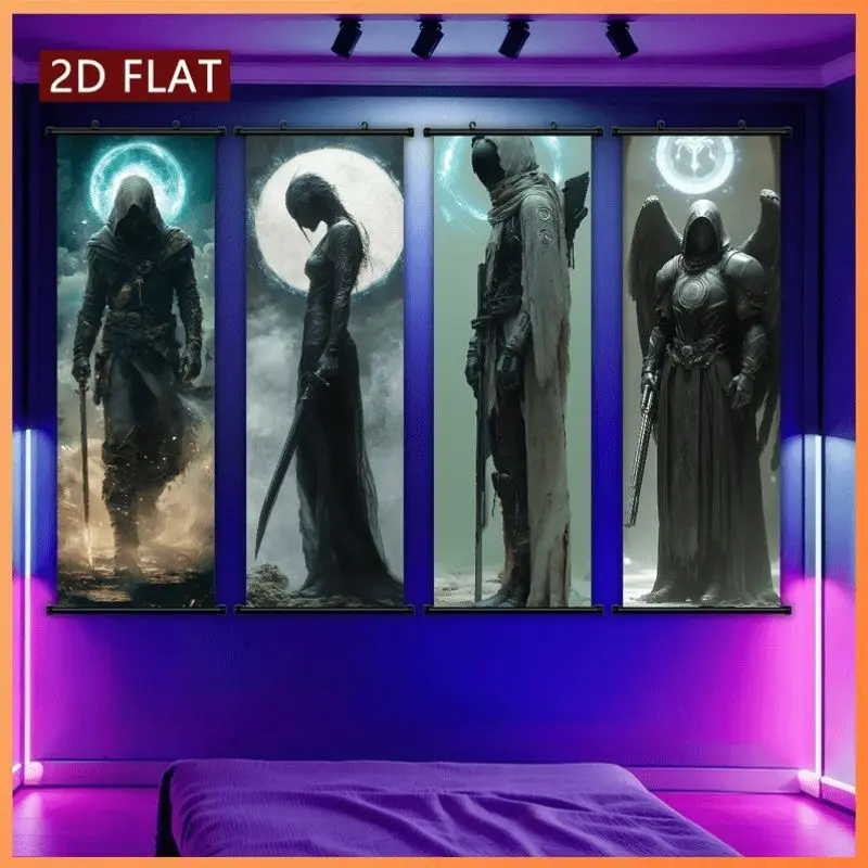 VIKAMA Dark Hooded Warrior Sword Wall Tapestry Moon Halo Armor Angel Wings Fantasy Scroll Art Home Decor Cute Kawaii Soft Cozy