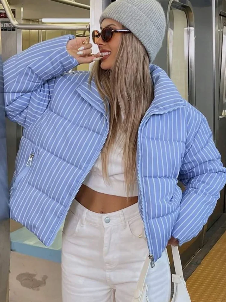 

Women Winter Commute Office Wear Casual Blue Striped Cotton Coat Lady Fashion Turtleneck Zipper Pocket Loose Short Warm Coat
