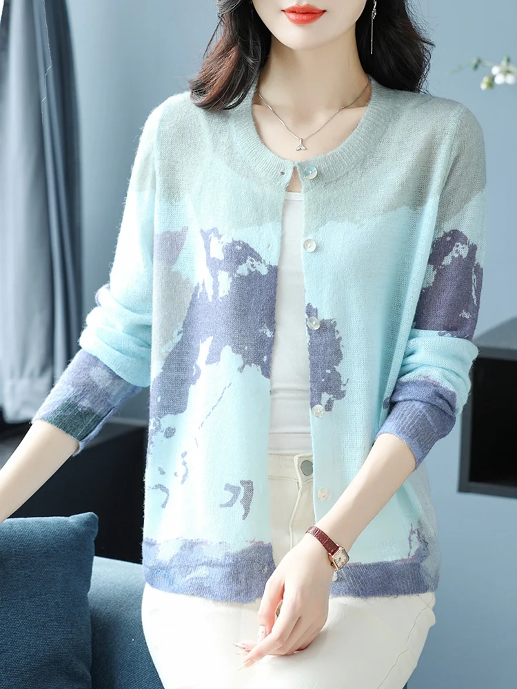 

Print Female Cardigan Autumn Spring Knitted Women Sweaters Korean Fashion Long Sleeve Tops Mohair Cardigans