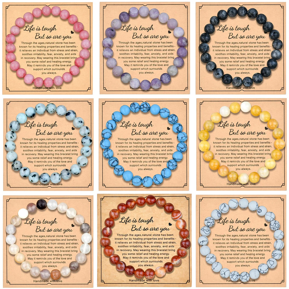 8mm Natural Stone Bracelet with Card for Friendship, Birthday, Holiday Gift – Turmaline Beaded Wristband for Men & Women view 2