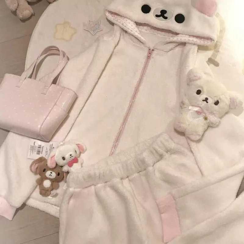 Rilakkuma Y2K Hoodie Pyjama Set Niedliche Japan Bär Nachtwäsche Mädchen Fleece Gefüttert Mit Kapuze Homewear Anzug Herbst Winter Loungewear Neu