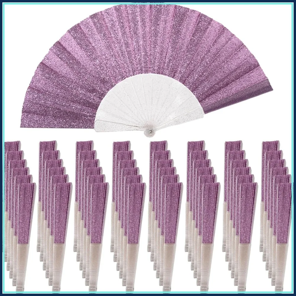 

48 Pack Handheld Folding Fans, Purple Glitter Transparent Rib, Wedding Church Festival Party Favor