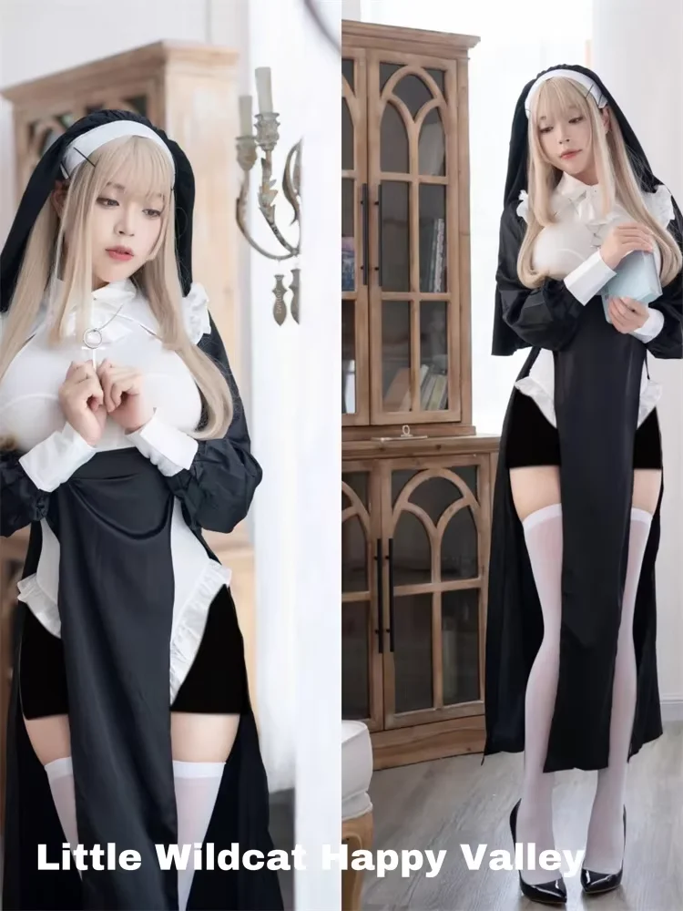 Nun Cosplay Costume Women Fancy Dress Set Halloween Party Roleplay Outfit Adult Nun Dress Black Fancy Christmas Cosplay Dress Me