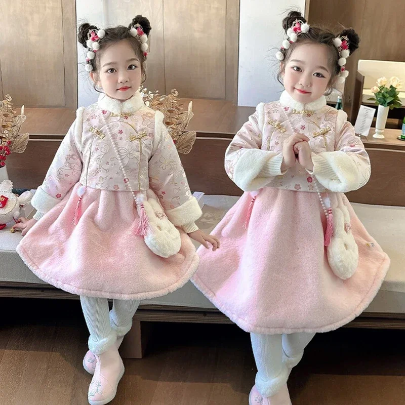 2024 Winter 2-10 Years Girls Cheongsam New Year Flower Thickening Kids Baby Traditional Chinese Ethnic Tang Dress + Bag Set