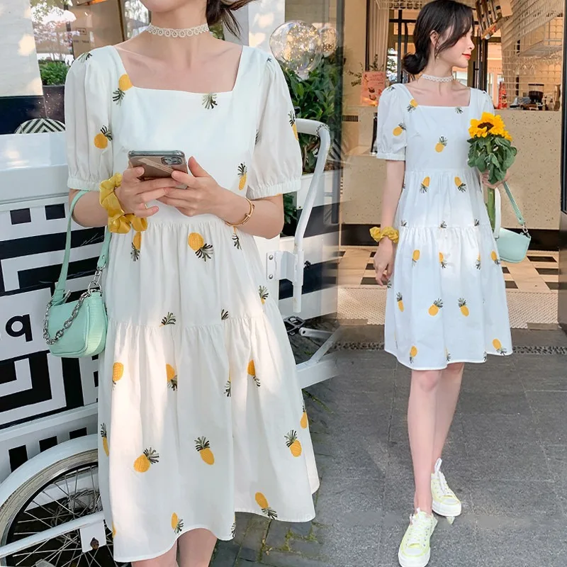 Women's Summer Pineapple Dress New Puff Sleeve Loose Casual Dresses Cottagecore Square Collare Dresses Fruit Elegant Streetwear