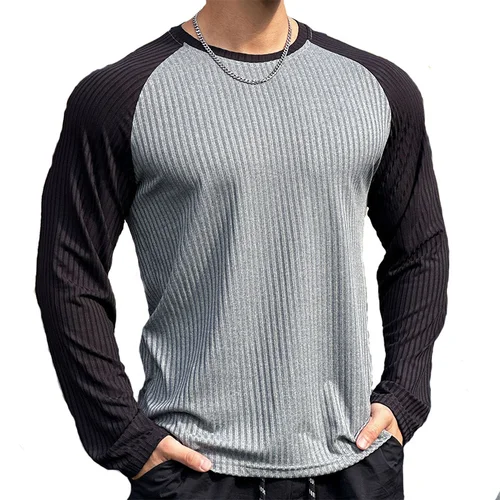 Camiseta deportiva para gimnasio para hombre, camisa de manga larga con empalme de color, camisetas de culturismo para hombre, Tops para correr, deportes, ropa de entrenamiento de secado rápido