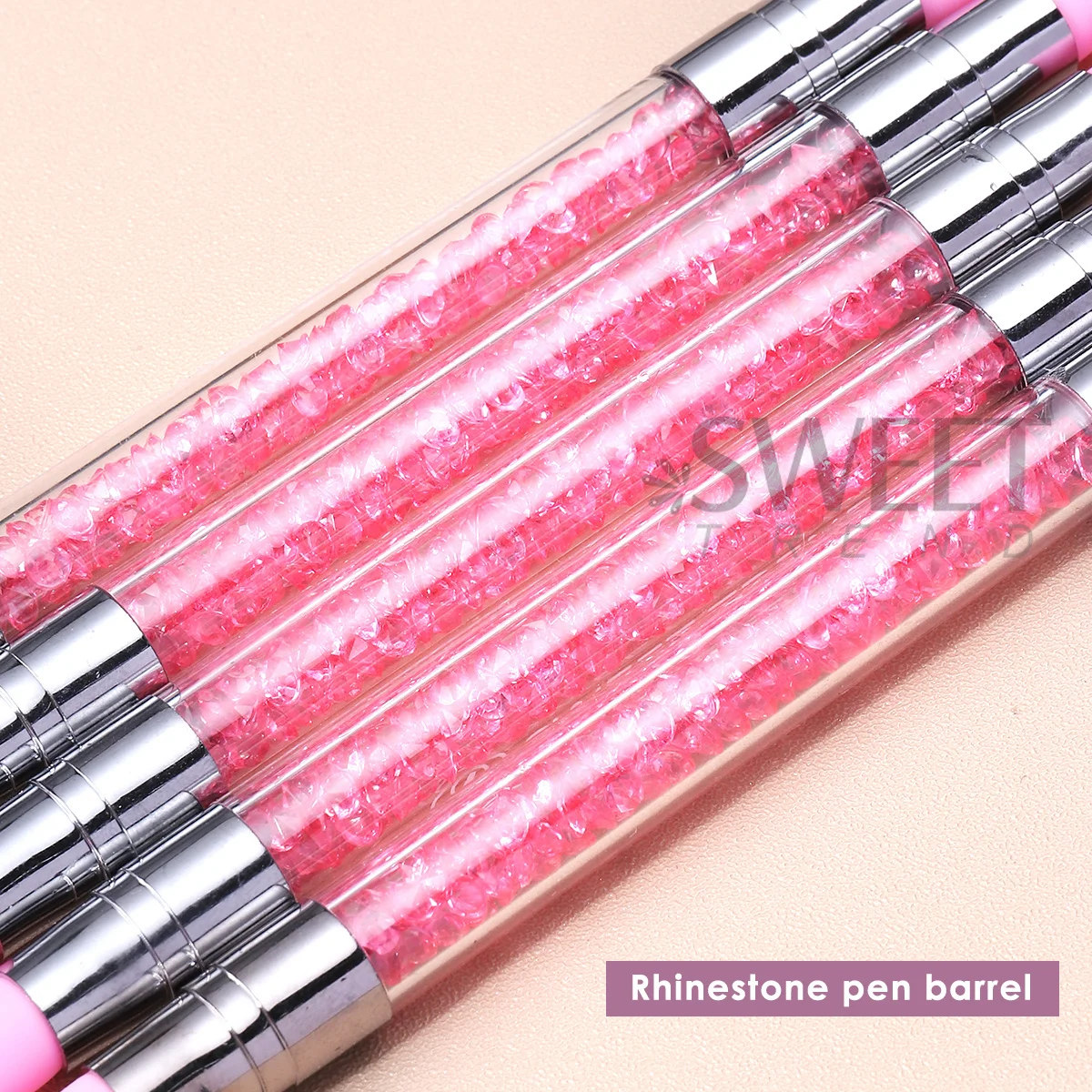 ปากกาซิลิโคนสองหัวสีชมพู 5 ชิ้น สำหรับปั้นเล็บ 3 มิติ วาดลายดอกไม้ แปรงทาสี ด้ามจับประดับเพชร อุปกรณ์ทำเล็บ