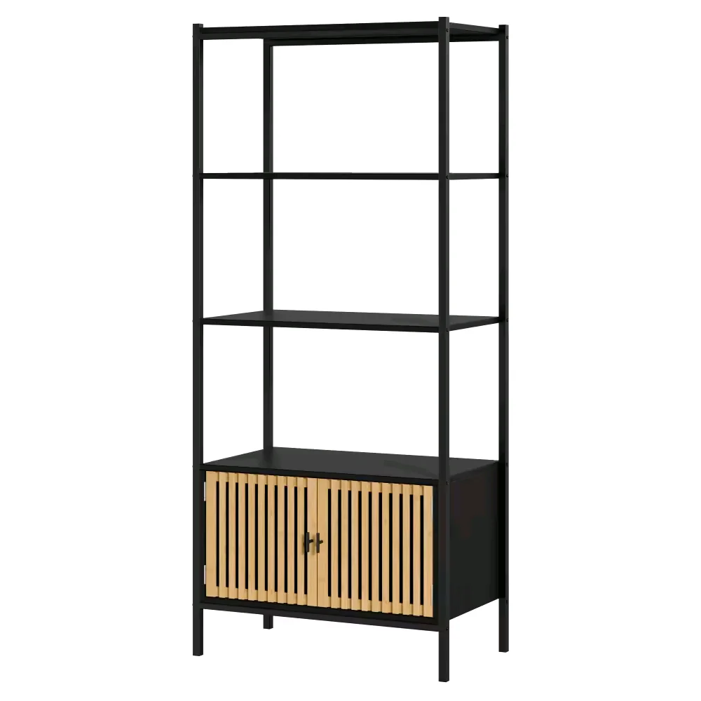 !@Combohome Wood and Metal Bookcase, Living Room Corner Shelf with a Cabinet,Black/wood