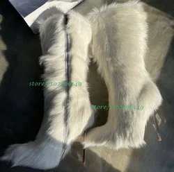 Lady white fur stiletto sliver design boots side zip dress boots feather design pointed toe boots dress high heel footwear size