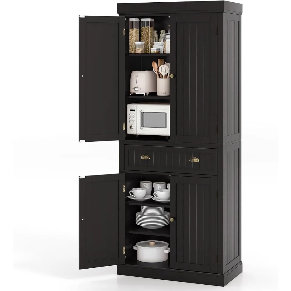 

Nightcore Freestanding Kitchen Pantry Cupboard, 6ft Wood Cupboard w/ 4 Adjustable Shelves, 2 Wood Pantries, & 1 Drawer, Utility