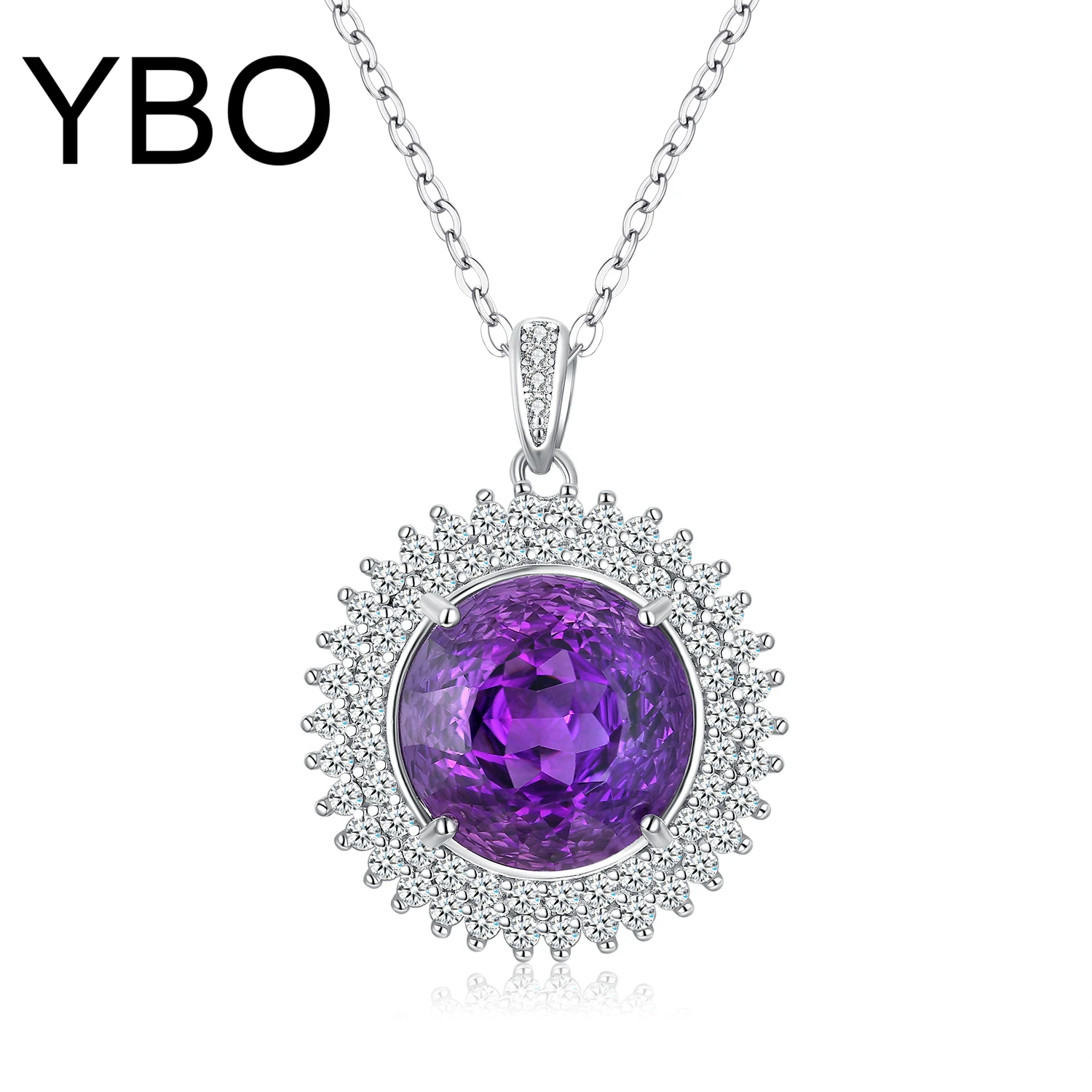 

YBO Luxury 14MM Amethyst Pendants Female Necklaces Natural Gemstones Women's 925 Sterling Silver Jewelry Party Birthday Necklace