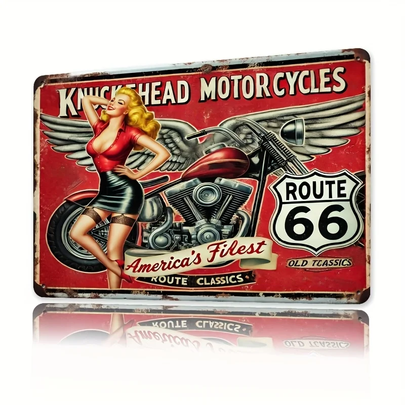 Motorcycle Route 66 Metal Sign - Classic Garage Wall Art,   Retro Iron Plaque with Knucklehead Motorcycles Design,